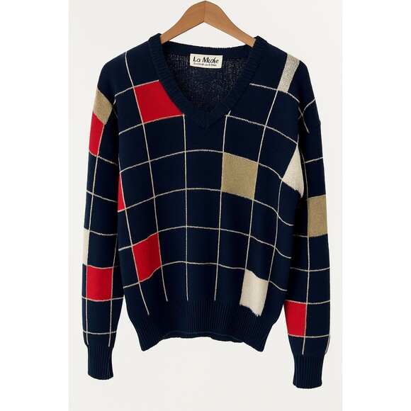 Vintage La Mode Colorblock Windowpane Check Sweater Navy Red Beige White Men’s M - Picture 1 of 10